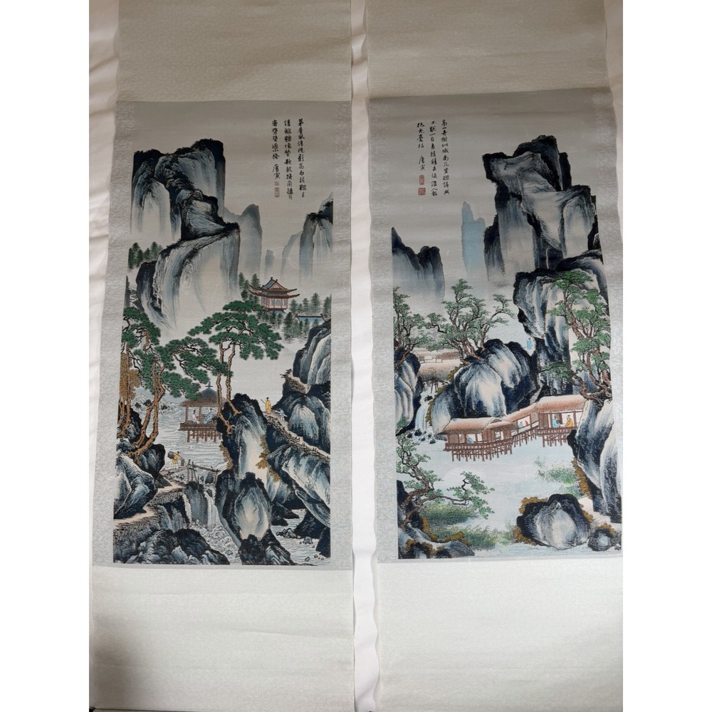 Chinese Silk Landscape Hanging Scroll Pair After Tang Yin Calligraphy Asian Art